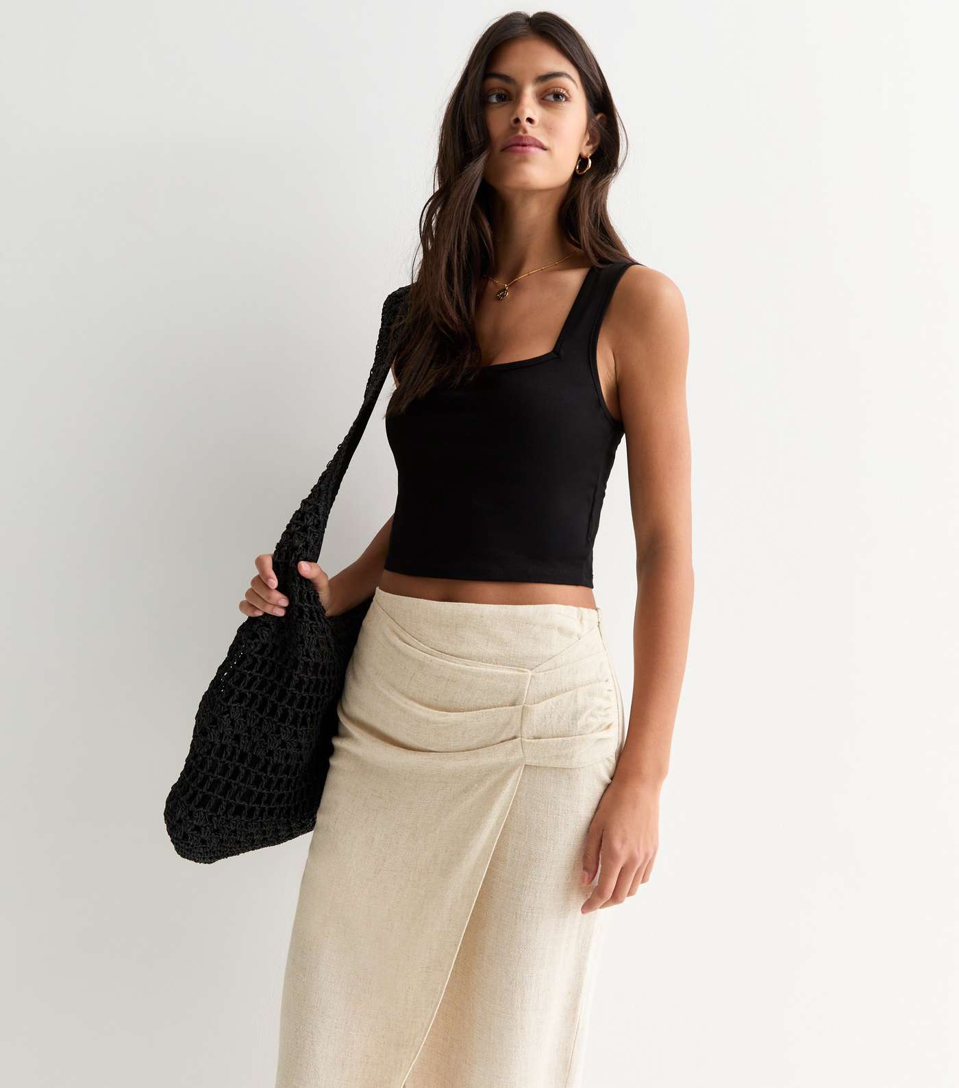 Stone Linen-Look Wrap Midi Skirt Image 2