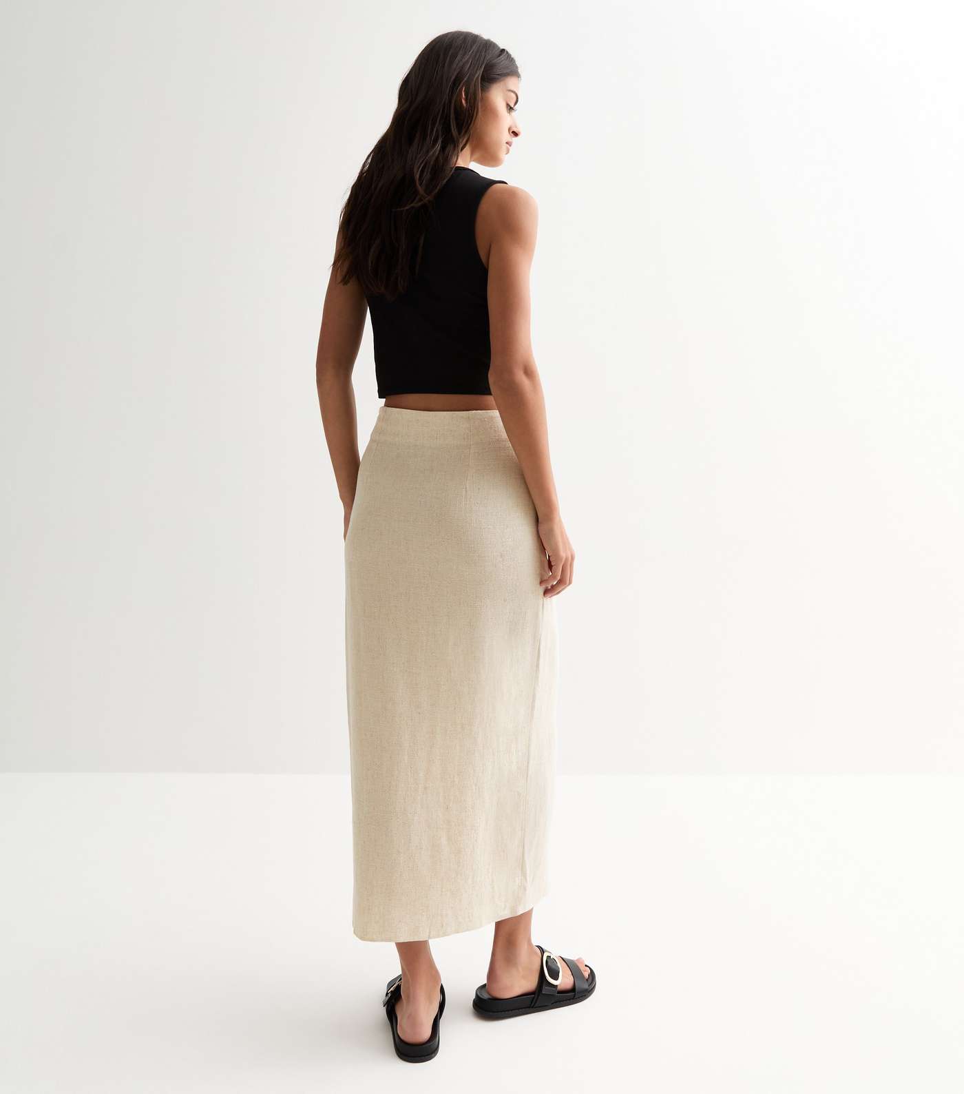 Stone Linen-Look Wrap Midi Skirt Image 4