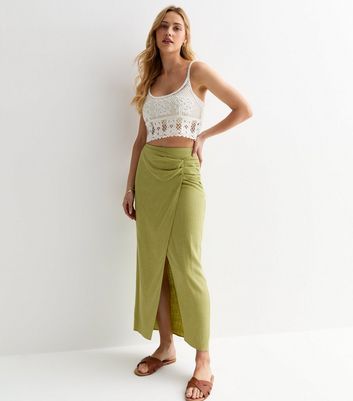 Light Green Linen-Look Wrap Midi Skirt | New Look