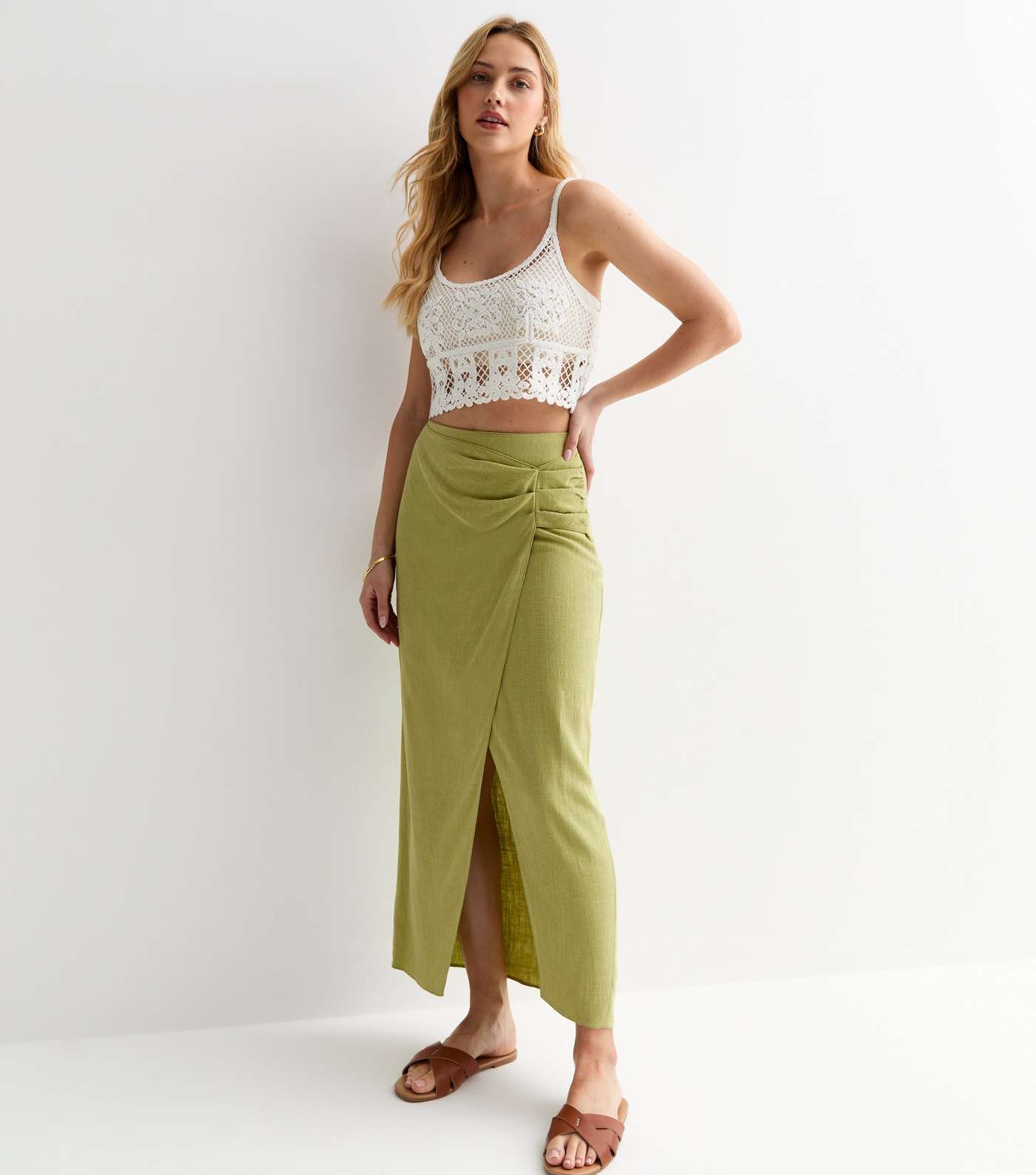 Light Green Linen-Look Wrap Midi Skirt