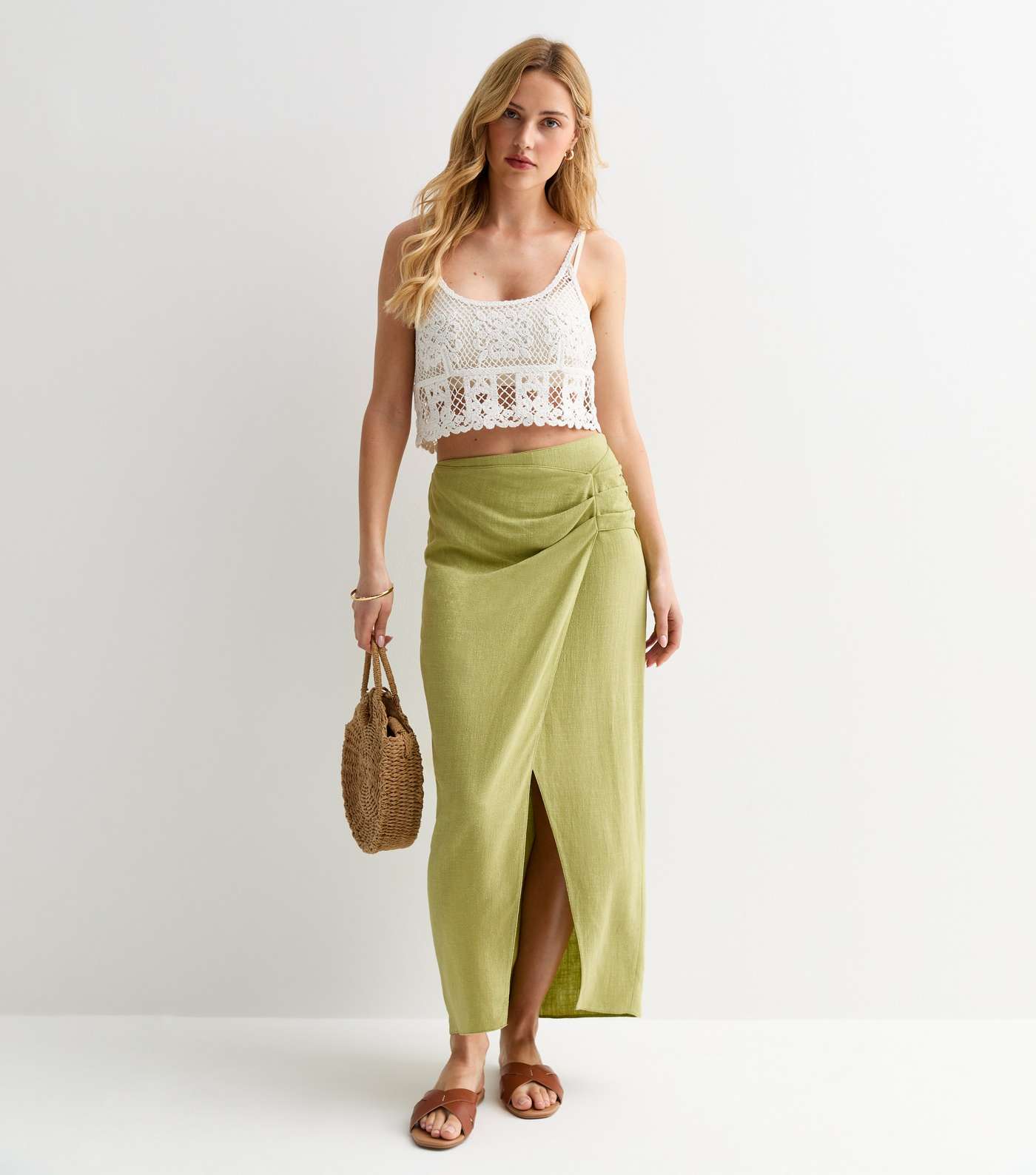 Light Green Linen-Look Wrap Midi Skirt Image 3