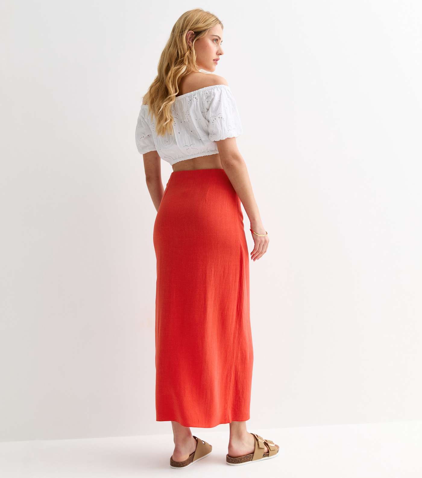 Red Linen-Look Wrap Midi Skirt Image 4