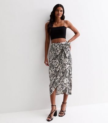 Black Tropical Print Sarong Midi Skirt New Look