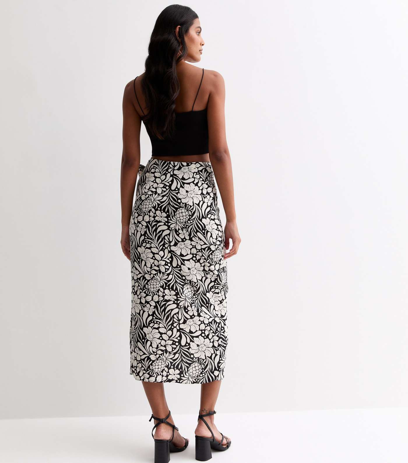 Black Tropical Print Sarong Midi Skirt Image 4