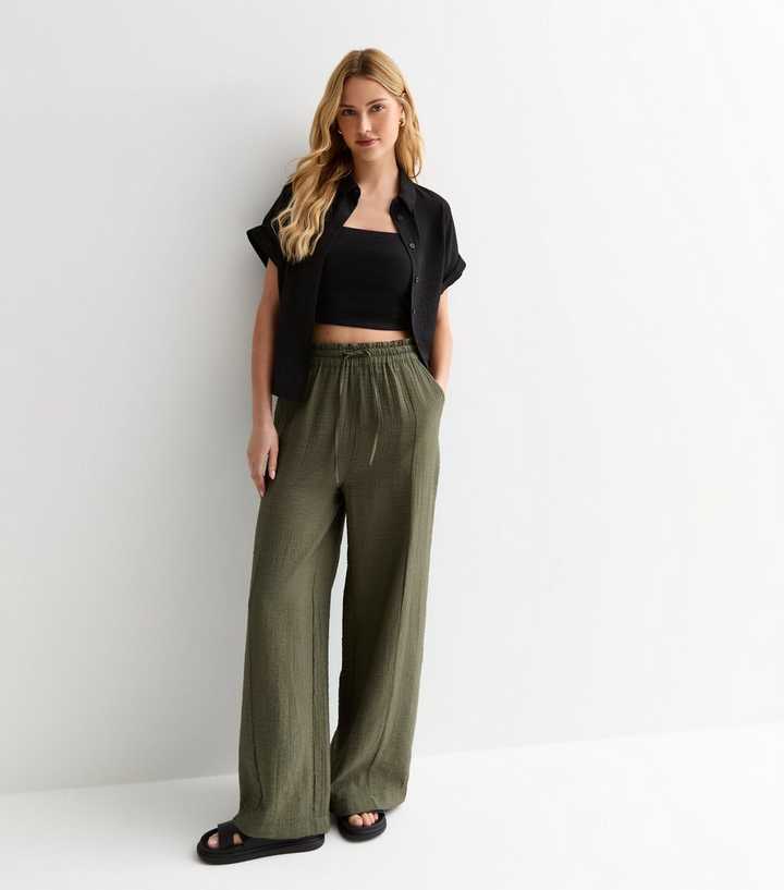 Khaki Crinkle Wide Leg Trousers