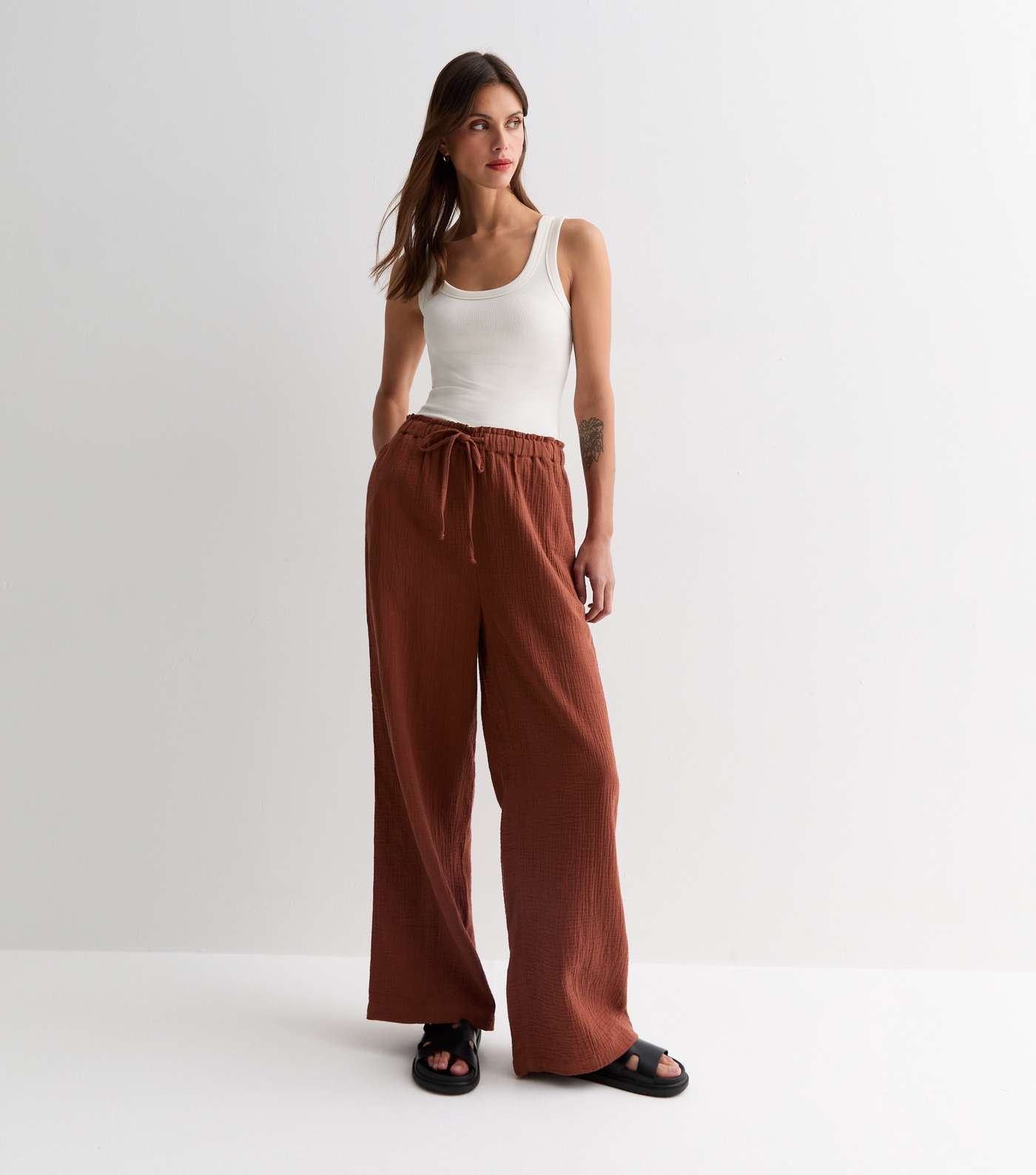 Rust Cotton Double Cloth Wide Leg Trousers Image 3