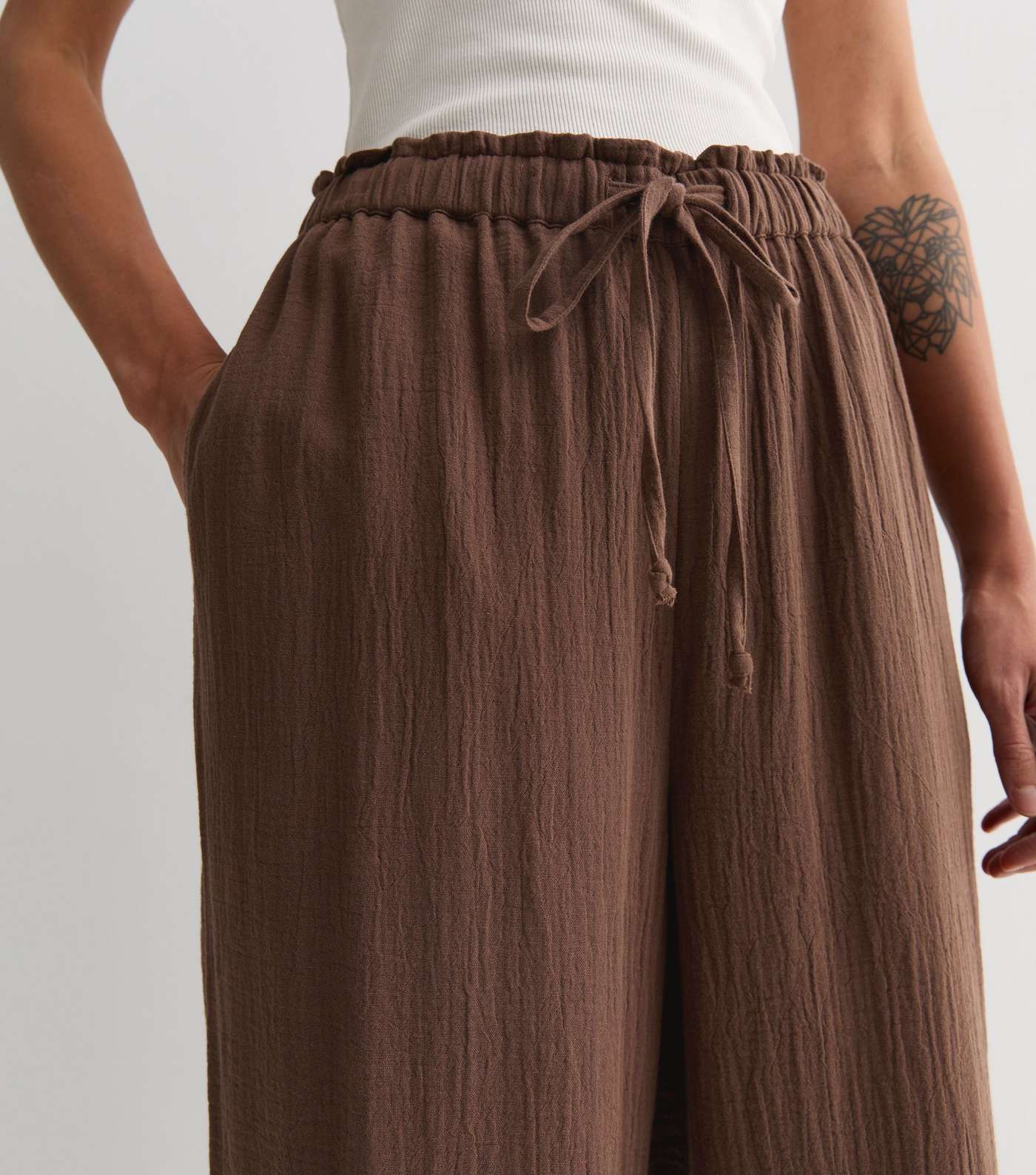 Dark Brown Cotton Double Cloth Wide Leg Trousers Image 2