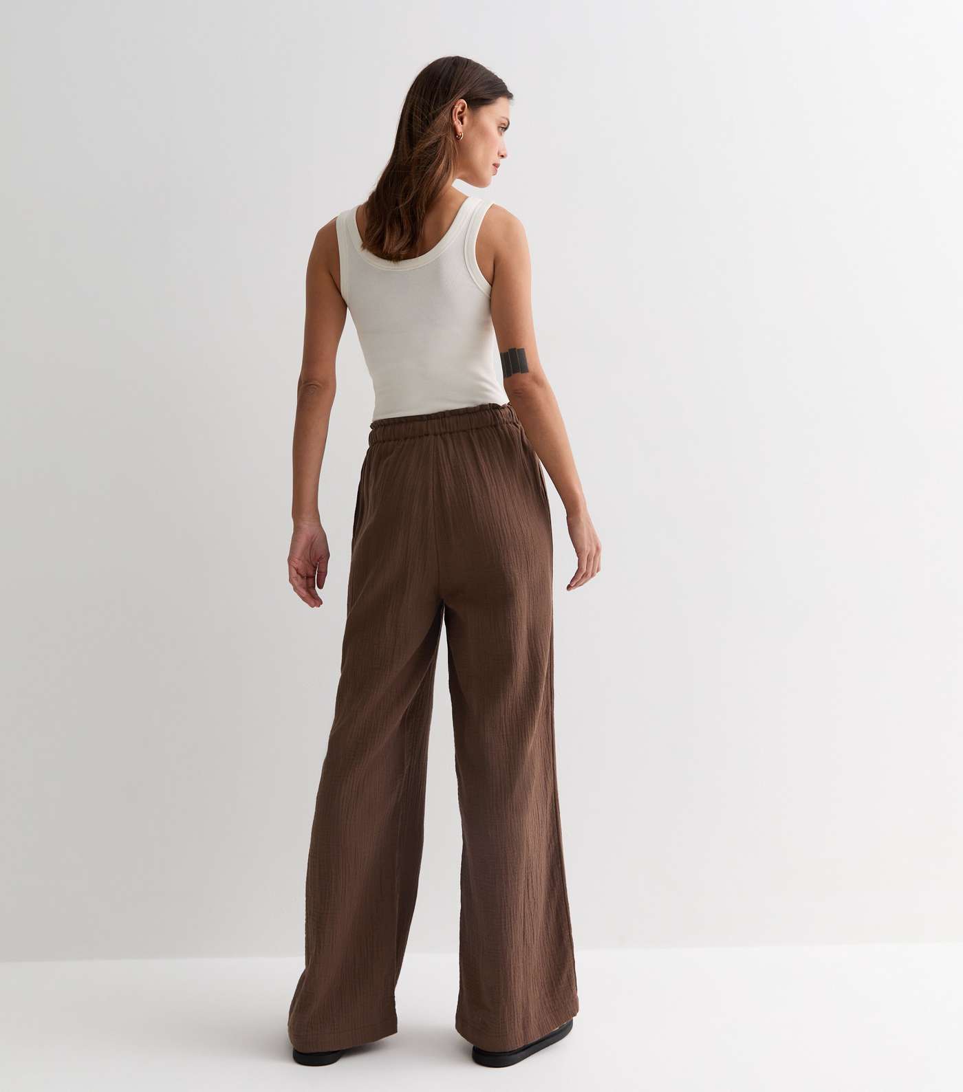 Dark Brown Cotton Double Cloth Wide Leg Trousers Image 4