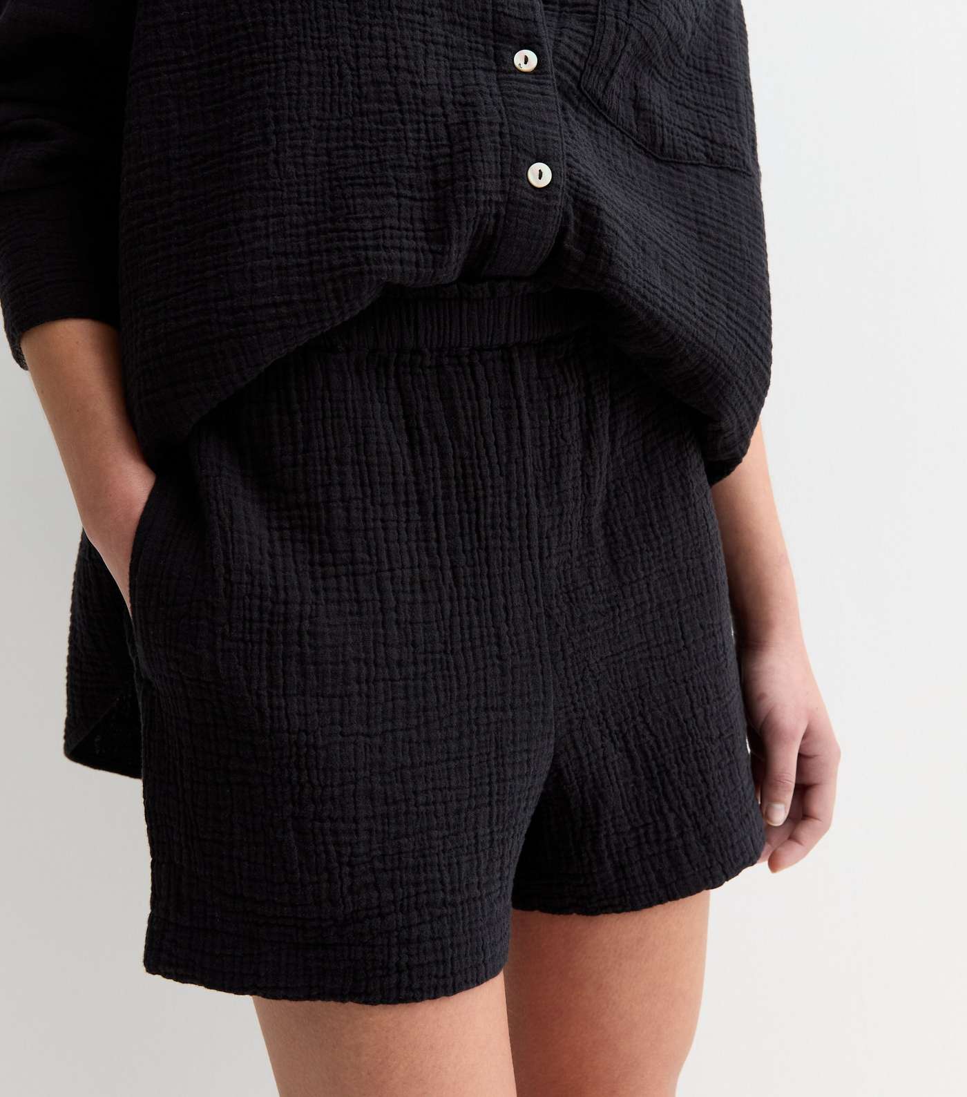 Black Textured Cotton Shorts Image 2