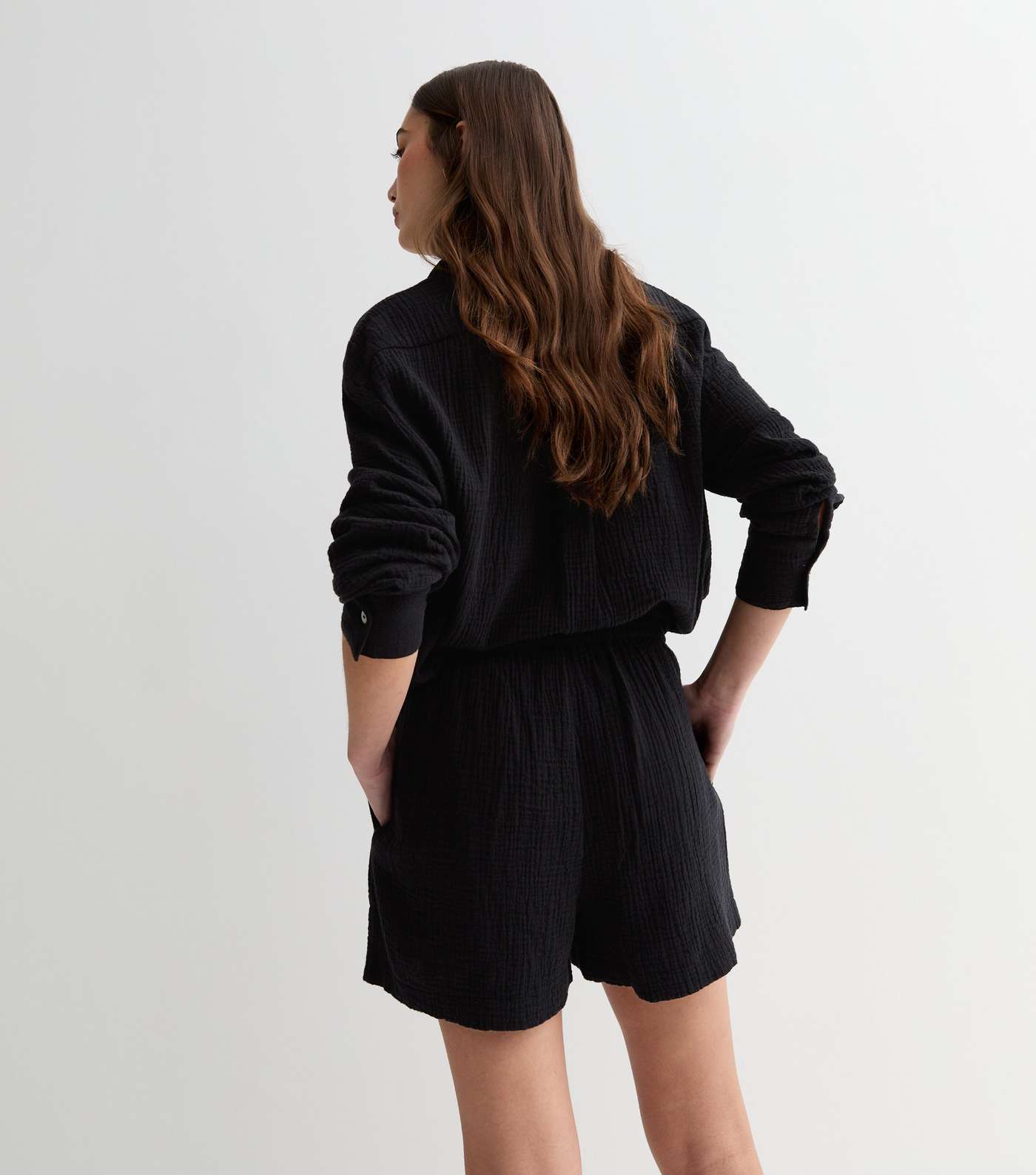 Black Textured Cotton Shorts Image 4
