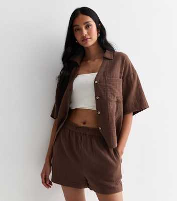 Brown Textured Cotton Shorts
