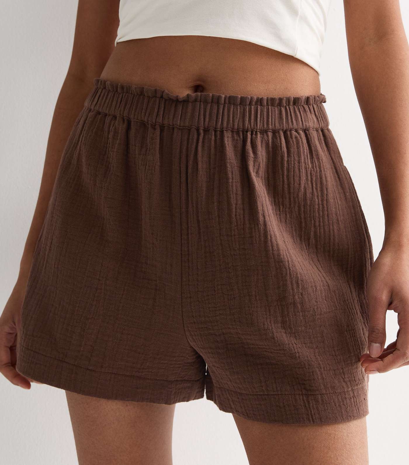 Brown Textured Cotton Shorts Image 2
