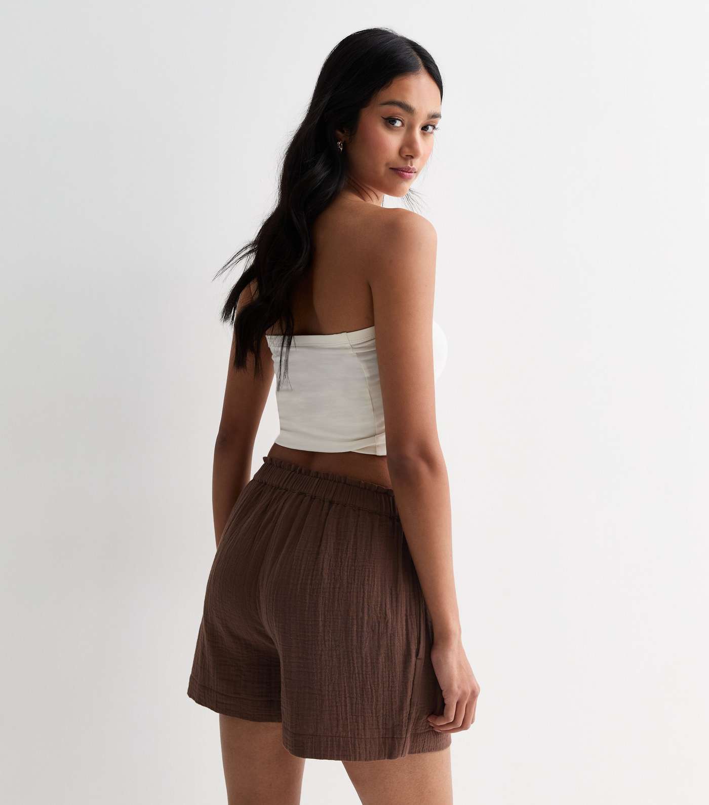 Brown Textured Cotton Shorts Image 4