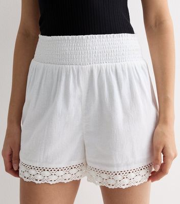 White Cotton Broderie Hem Shorts New Look