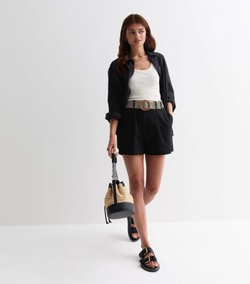 Black Cotton Belted Shorts New Look
