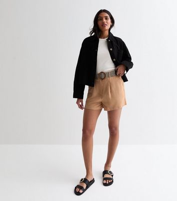 Stone Cotton Belted Shorts New Look