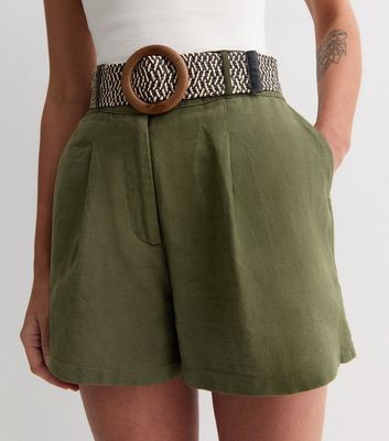 Khaki Cotton Belted Shorts New Look