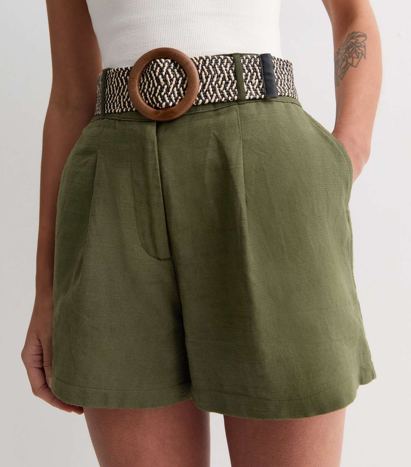 Khaki Cotton Belted Shorts Image 2