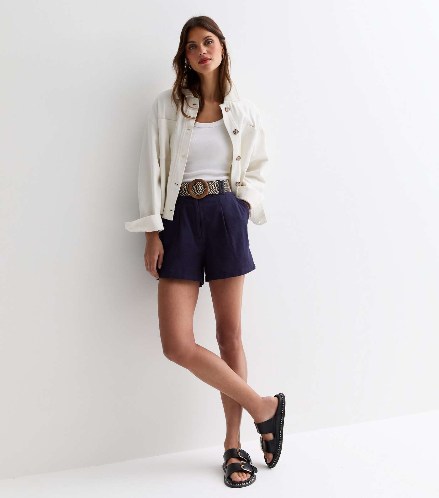 Navy Cotton Belted Shorts Image 2