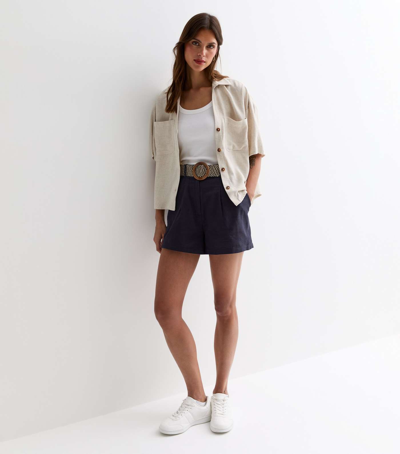 Navy Cotton Belted Shorts Image 4