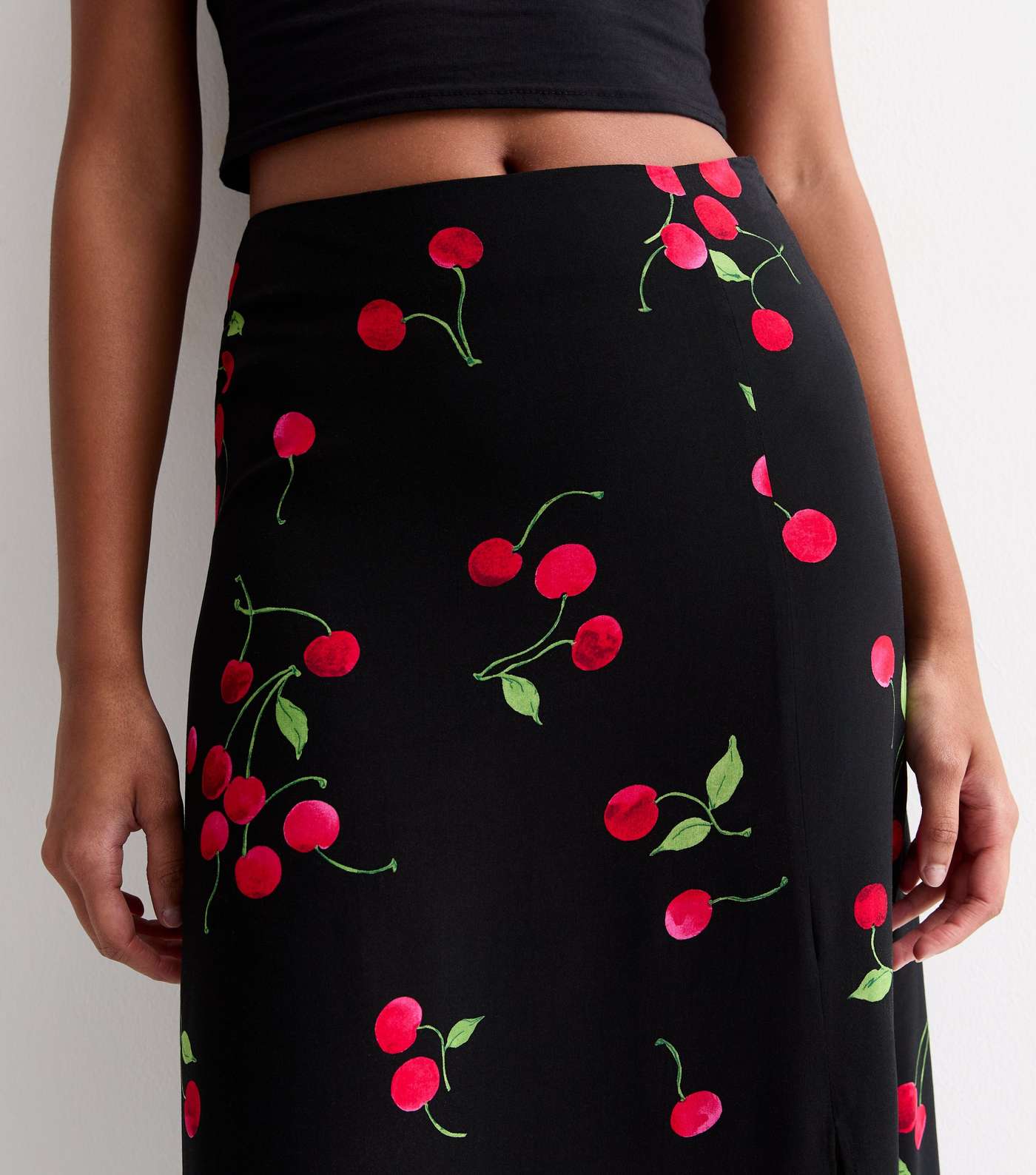 Black Cherry Print Split Hem Midi Skirt Image 2