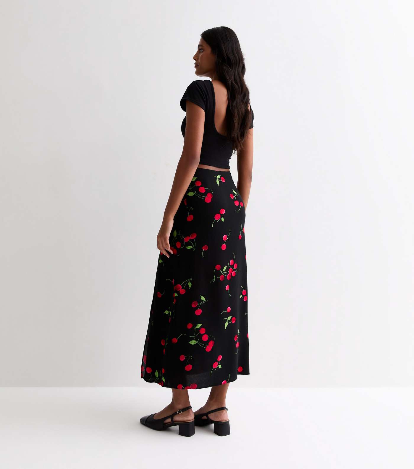 Black Cherry Print Split Hem Midi Skirt Image 4