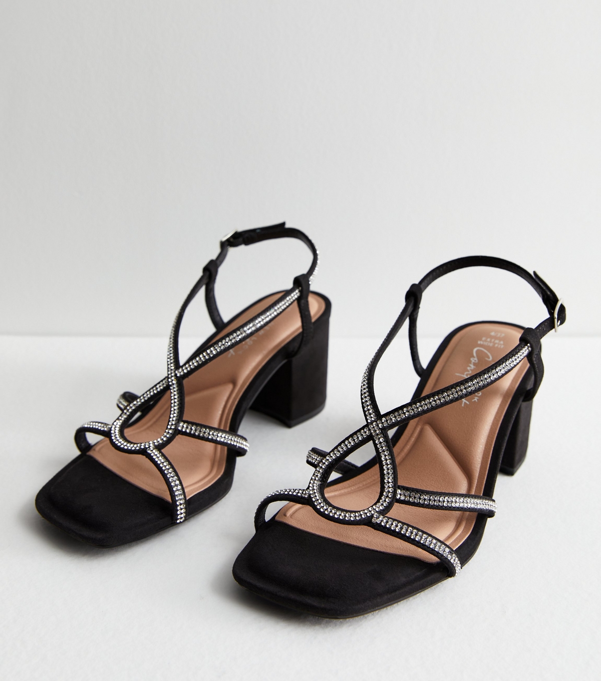 Women's Extra Wide Fit Black Suedette Diamante Block Heel Sandals New Look