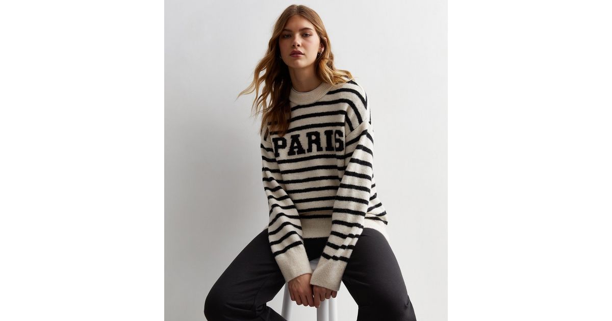 Off White Stripe Knit Paris Logo Jumper | New Look