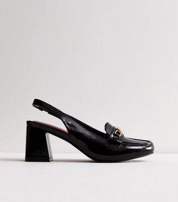 Black Patent Slingback Block Heel Loafers | New Look