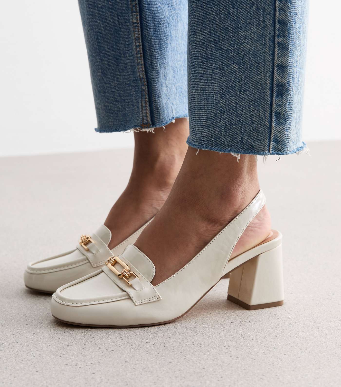Off White Patent Slingback Block Heel Loafers Image 2