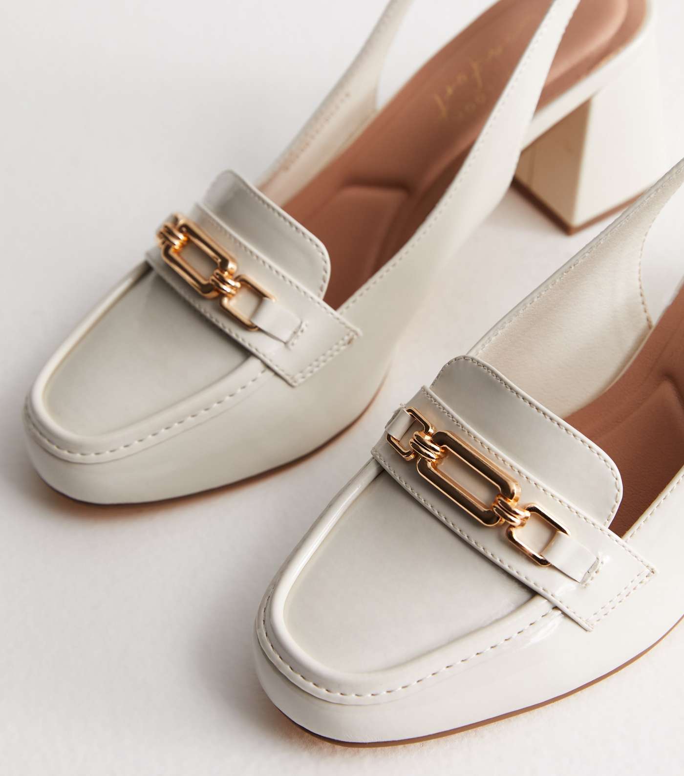 Off White Patent Slingback Block Heel Loafers Image 4