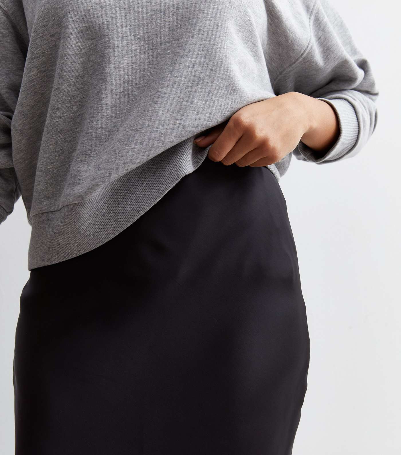 Petite Black Satin Bias Cut Midi Skirt Image 2