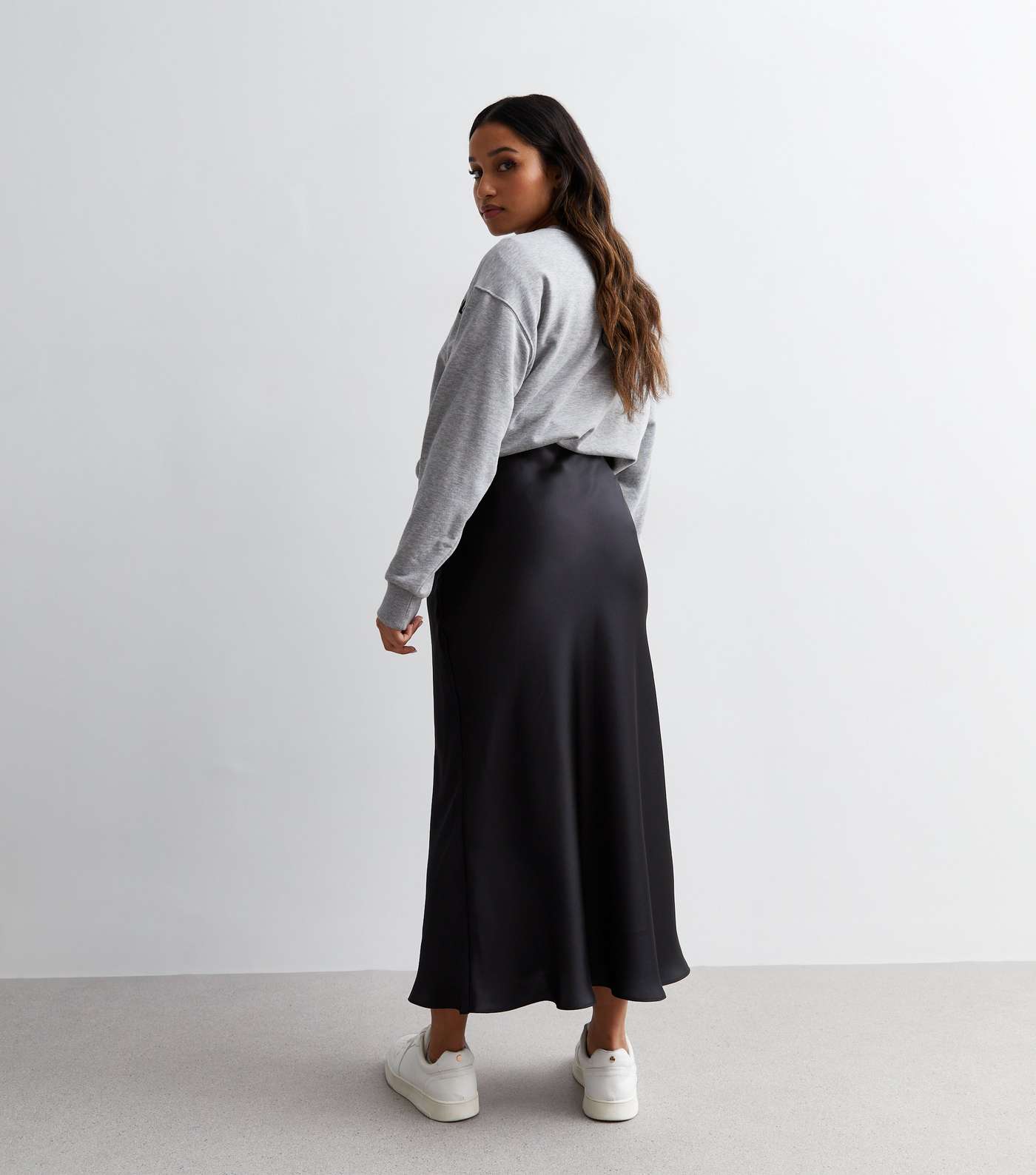 Petite Black Satin Bias Cut Midi Skirt Image 4