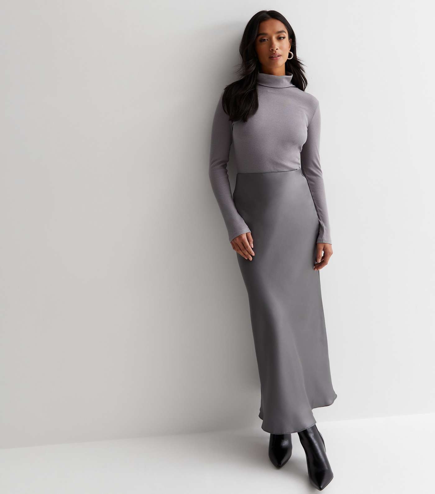 Petite Dark Grey Satin Bias Cut Midi Skirt Image 2