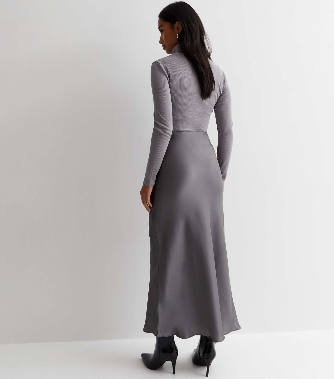 Petite Dark Grey Satin Bias Cut Midi Skirt Image 4