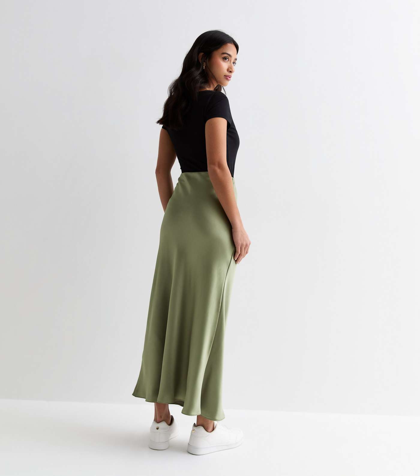 Petite Olive Satin Bias Cut Midi Skirt Image 4