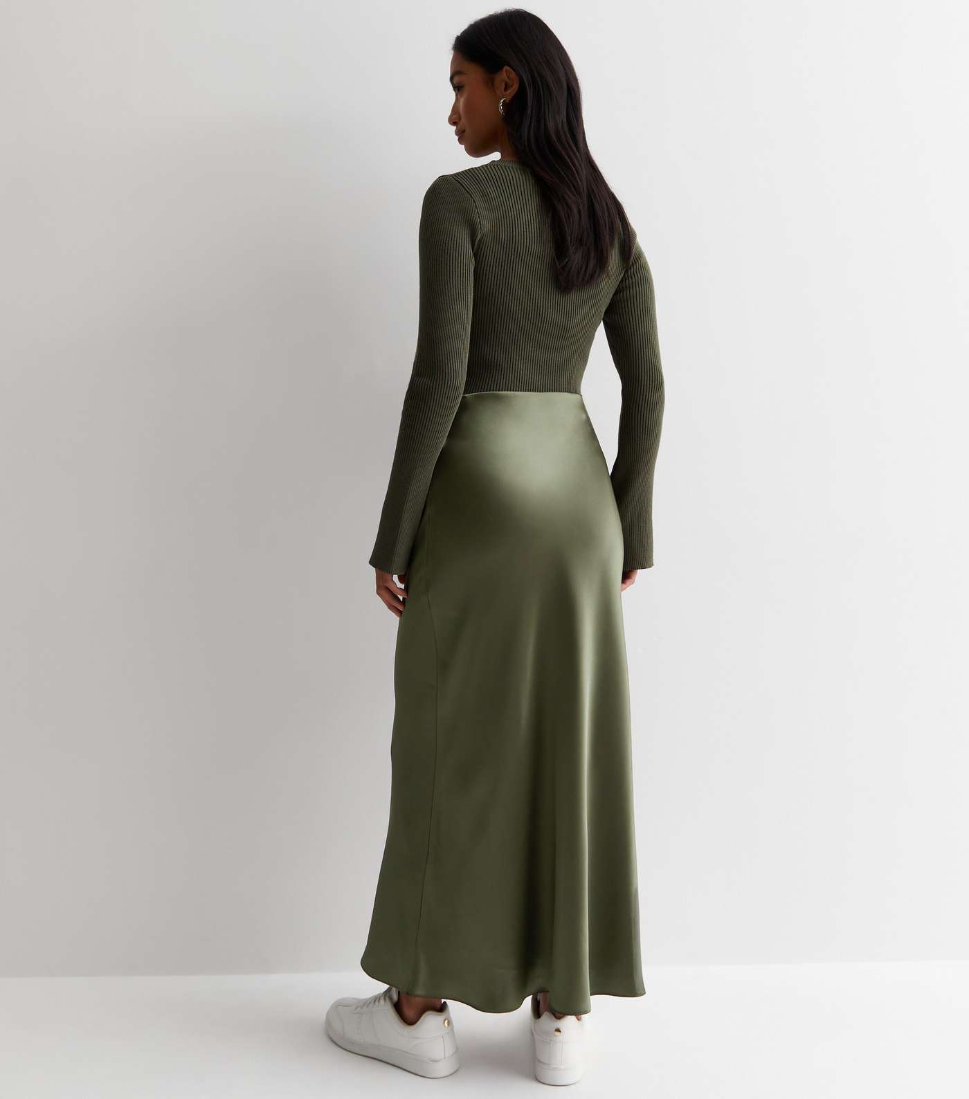 Petite Khaki Satin Bias Cut Midi Skirt Image 4