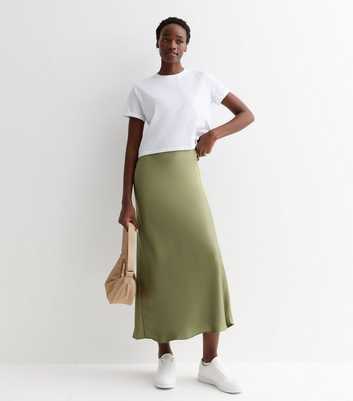 Tall Olive Satin Bias Midi Skirt