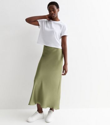 Tall Olive Satin Bias Midi Skirt New Look