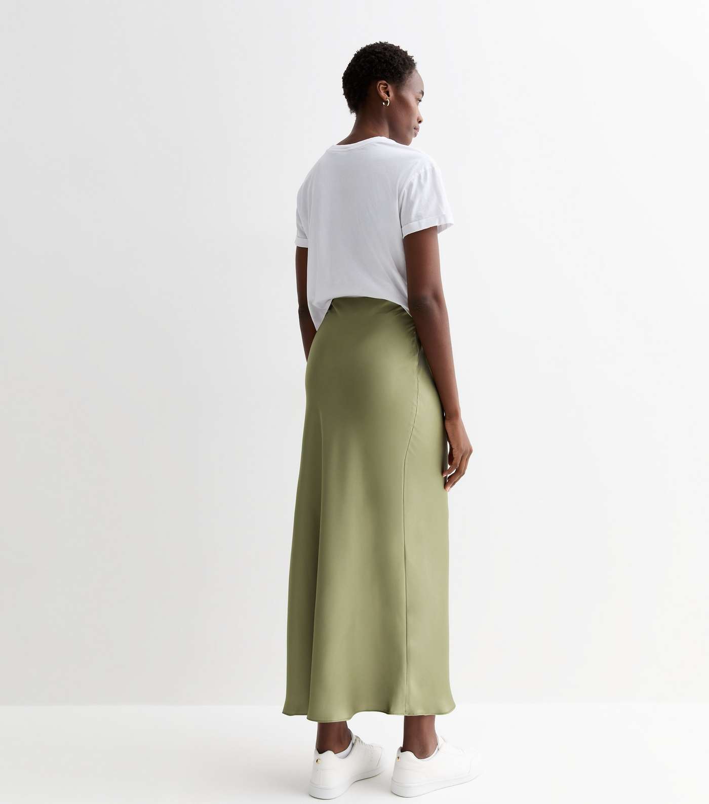 Tall Olive Satin Bias Midi Skirt Image 4