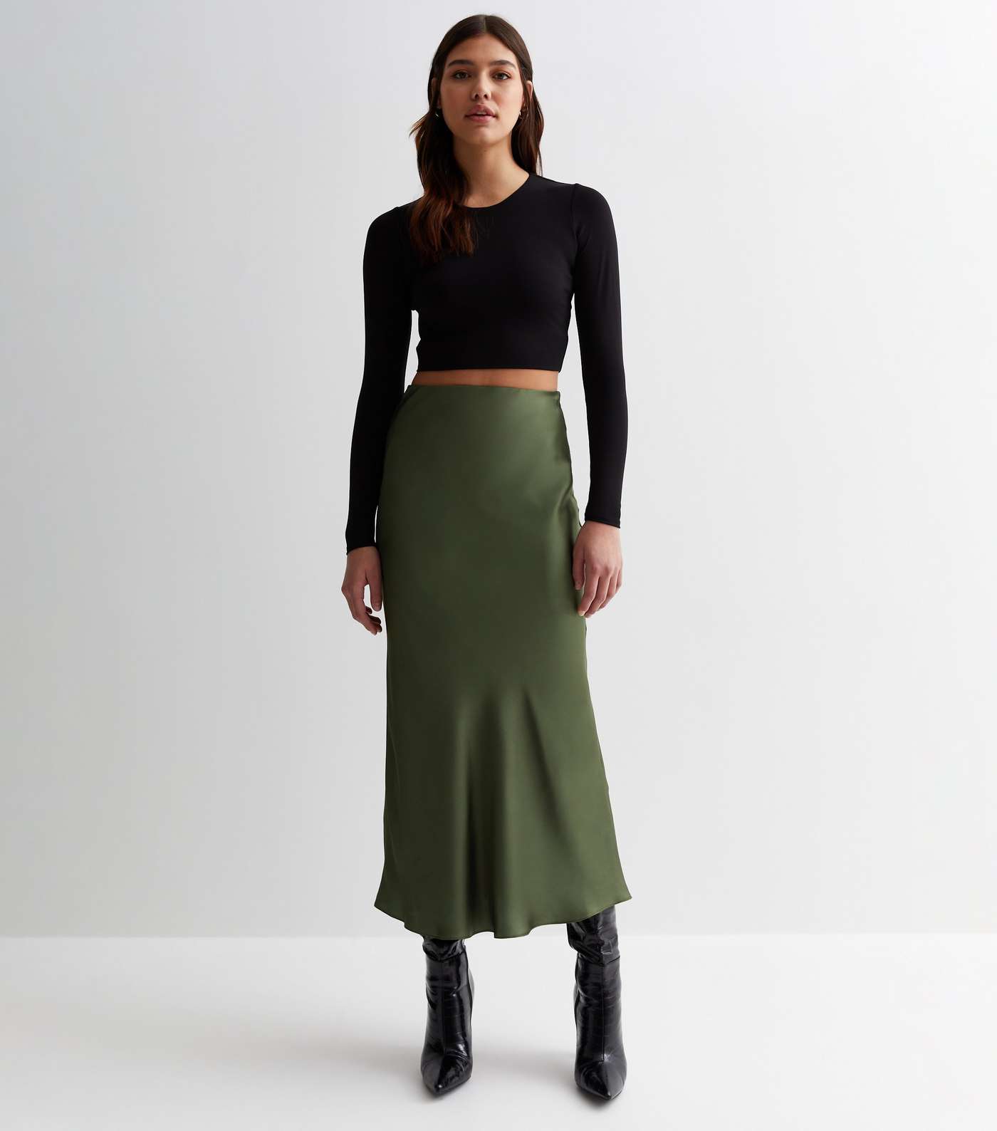 Tall Khaki Satin Bias Midi Skirt Image 3