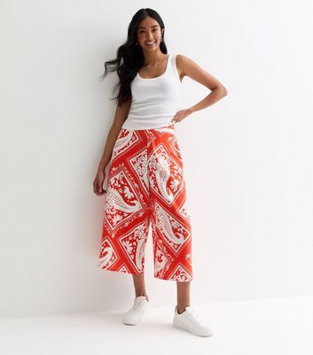 Red Scarf Print Wide Leg Crop Trousers New Look