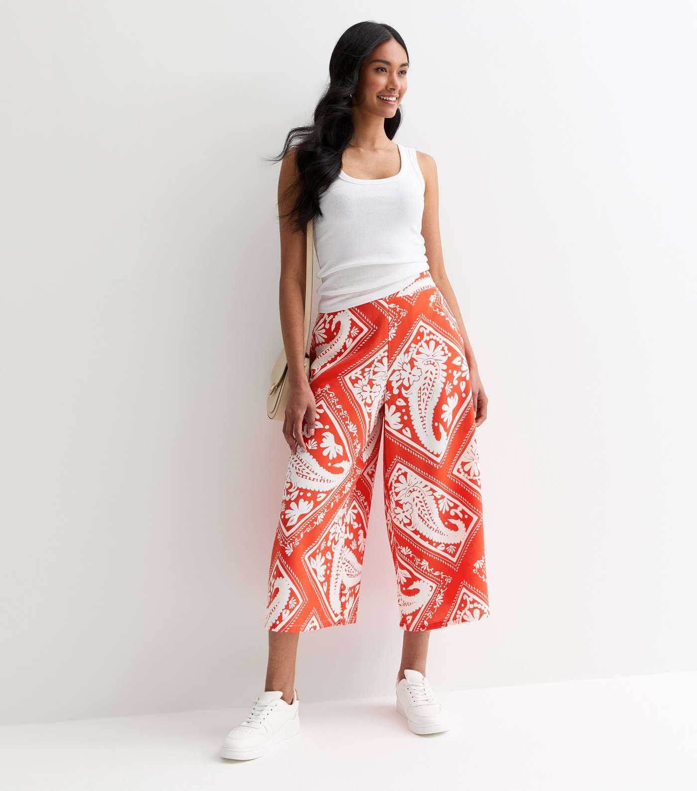 Red Scarf Print Wide Leg Crop Trousers Image 3
