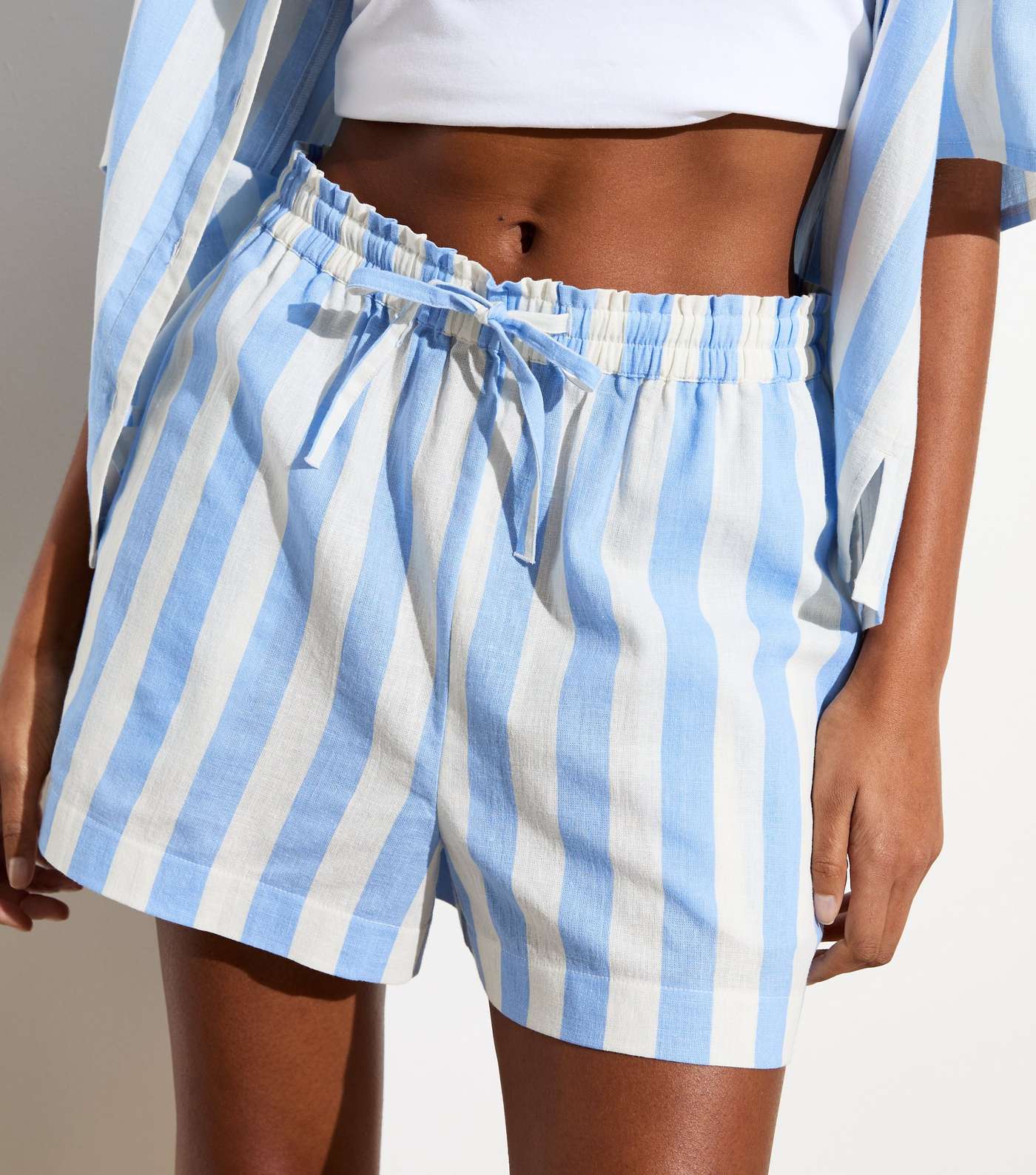 Blue Stripe Linen Blend Drawstring Shorts Image 2