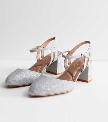 Wide Fit Silver Glitter Block Heel Court Shoes