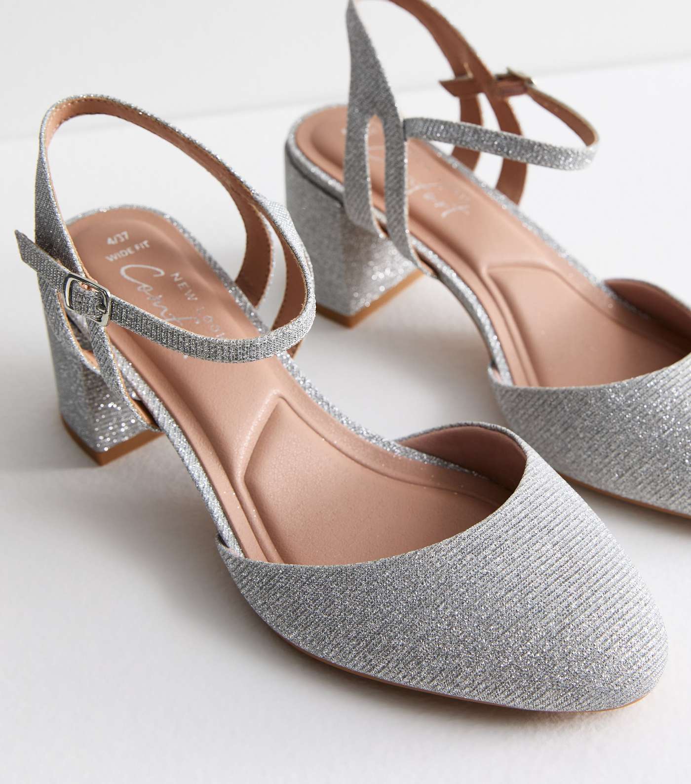 Wide Fit Silver Glitter Block Heel Court Shoes Image 3