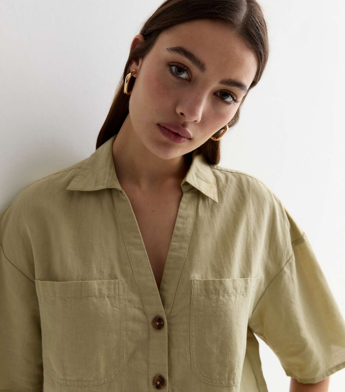 Light Green Linen-Cotton Short Sleeve Boxy Shirt Image 2