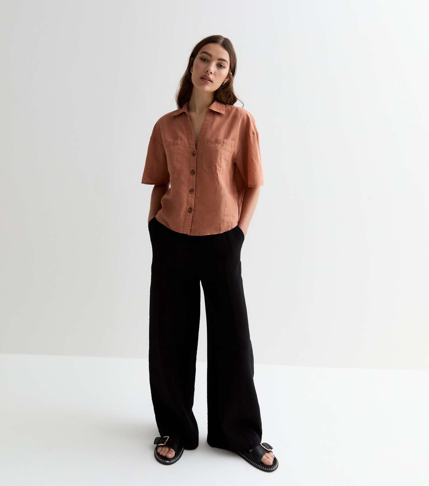 Rust Linen-Cotton Short Sleeve Boxy Shirt Image 3