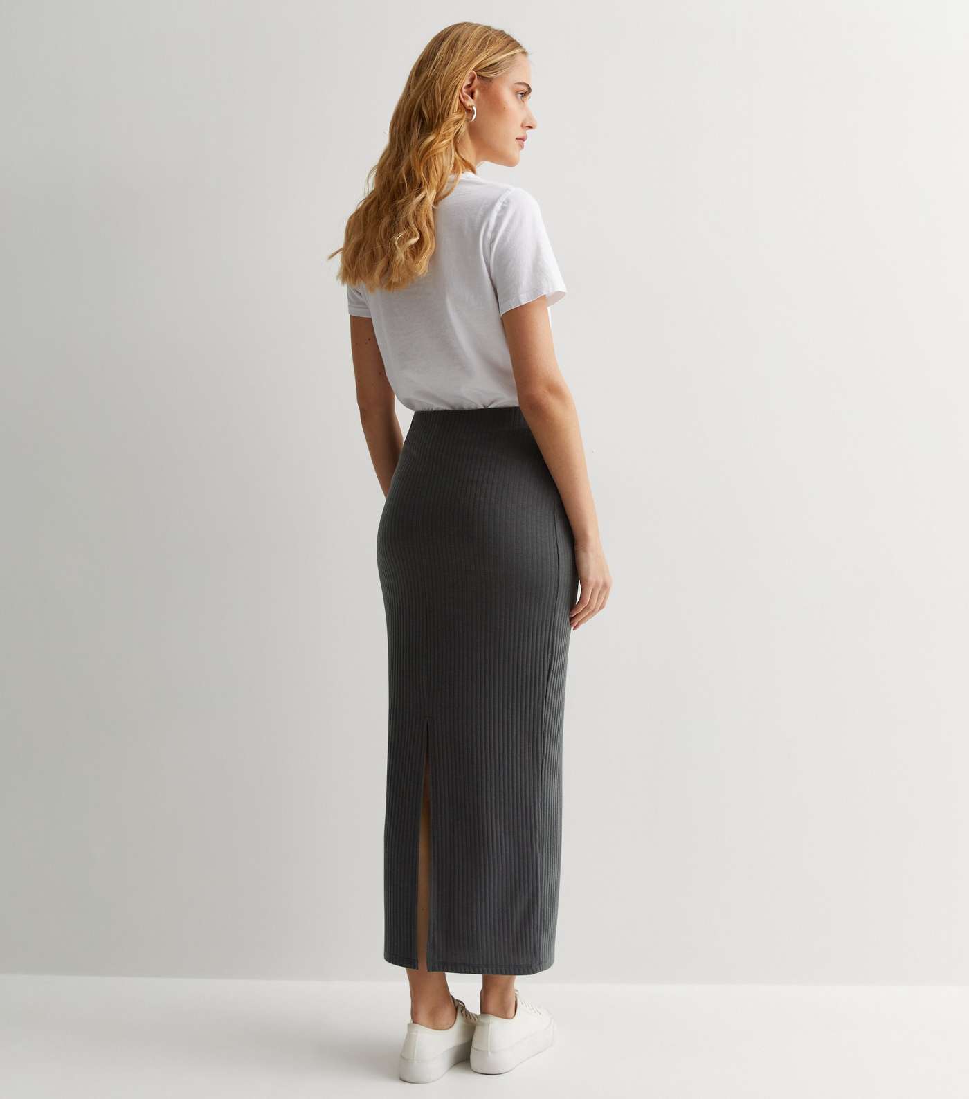 Dark Grey Ribbed Jersey Midi Skirt Image 4