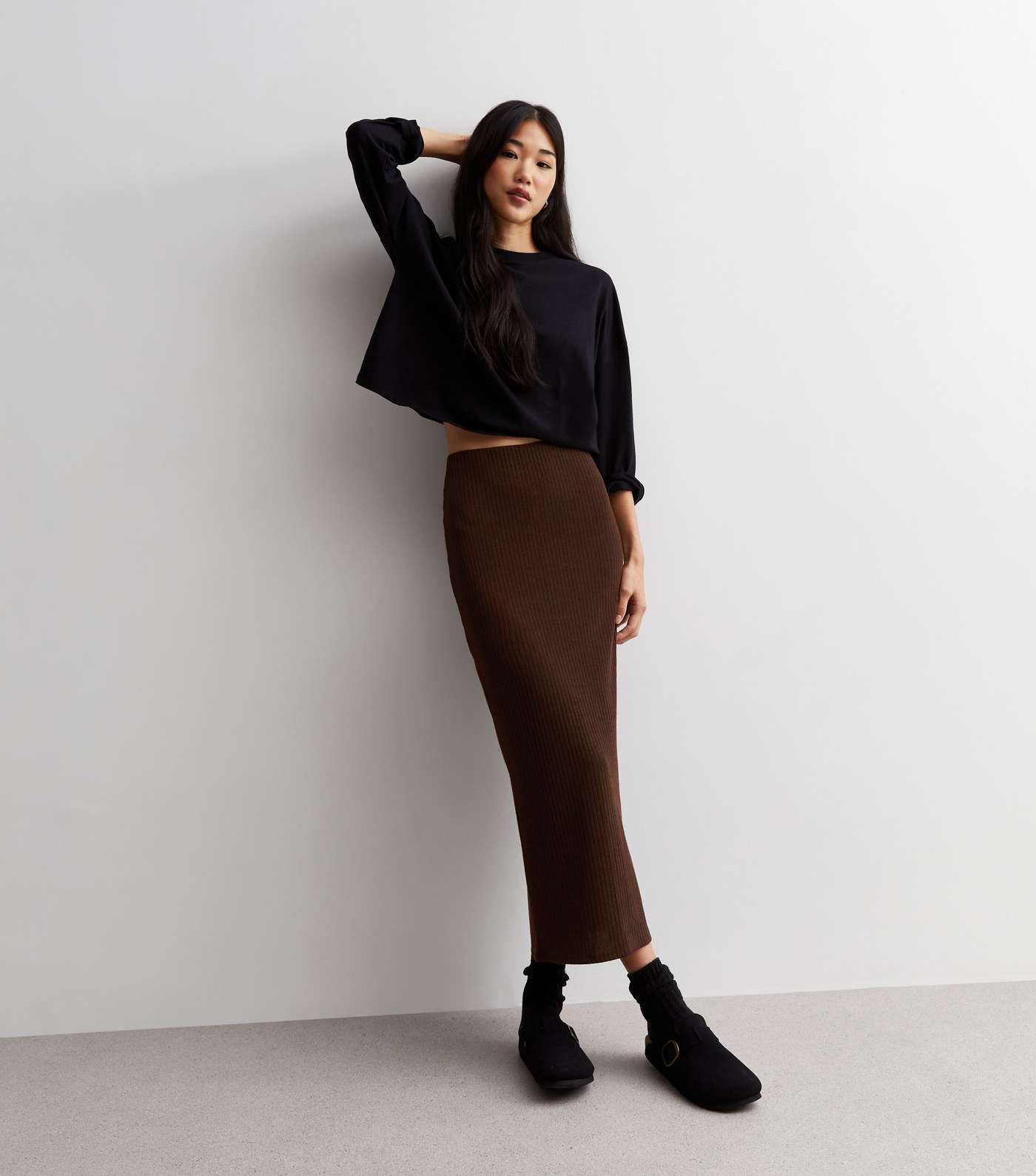 Dark Brown Ribbed Jersey Midi Skirt Image 3